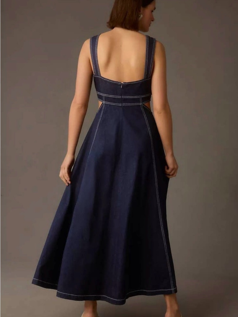 Anthropologie Dark Indigo Denim Maxi Dress with Contrast Stitching - Picture 2 of 3